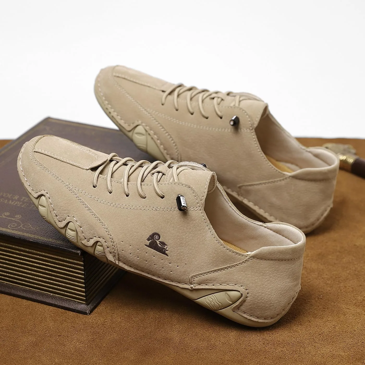 VAXAV Men's Premium PU Low Top Penny Loafers Flat Manual Stitching Casual Walking Driving Shoes