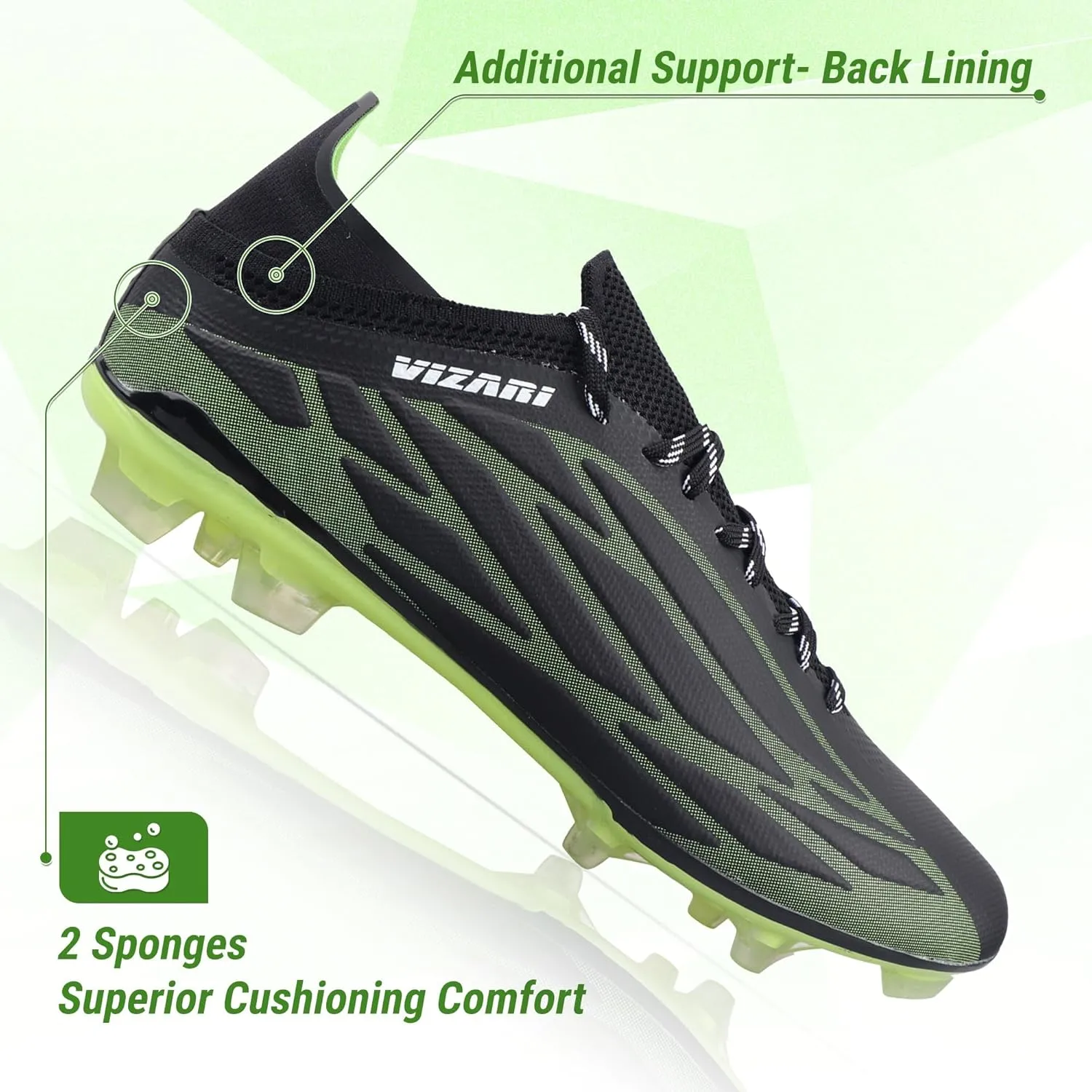 Vizari Provo FG Adult Soccer Cleats for Men & Women | Black/Lime Firm Ground Soccer Shoes | Wide Width Football Shoes for Outdoor Play | Transparent Studs Football Shoes for Better Traction