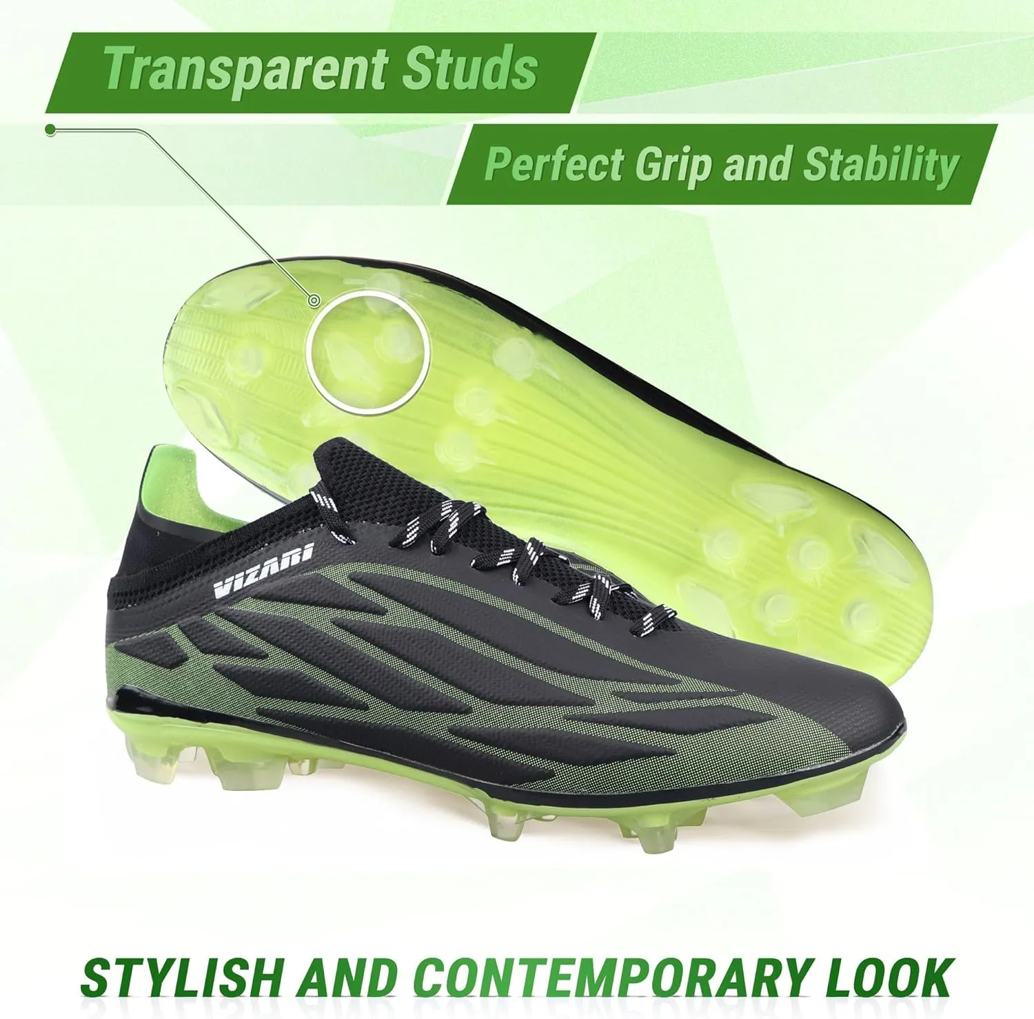Vizari Provo FG Adult Soccer Cleats for Men & Women | Black/Lime Firm Ground Soccer Shoes | Wide Width Football Shoes for Outdoor Play | Transparent Studs Football Shoes for Better Traction