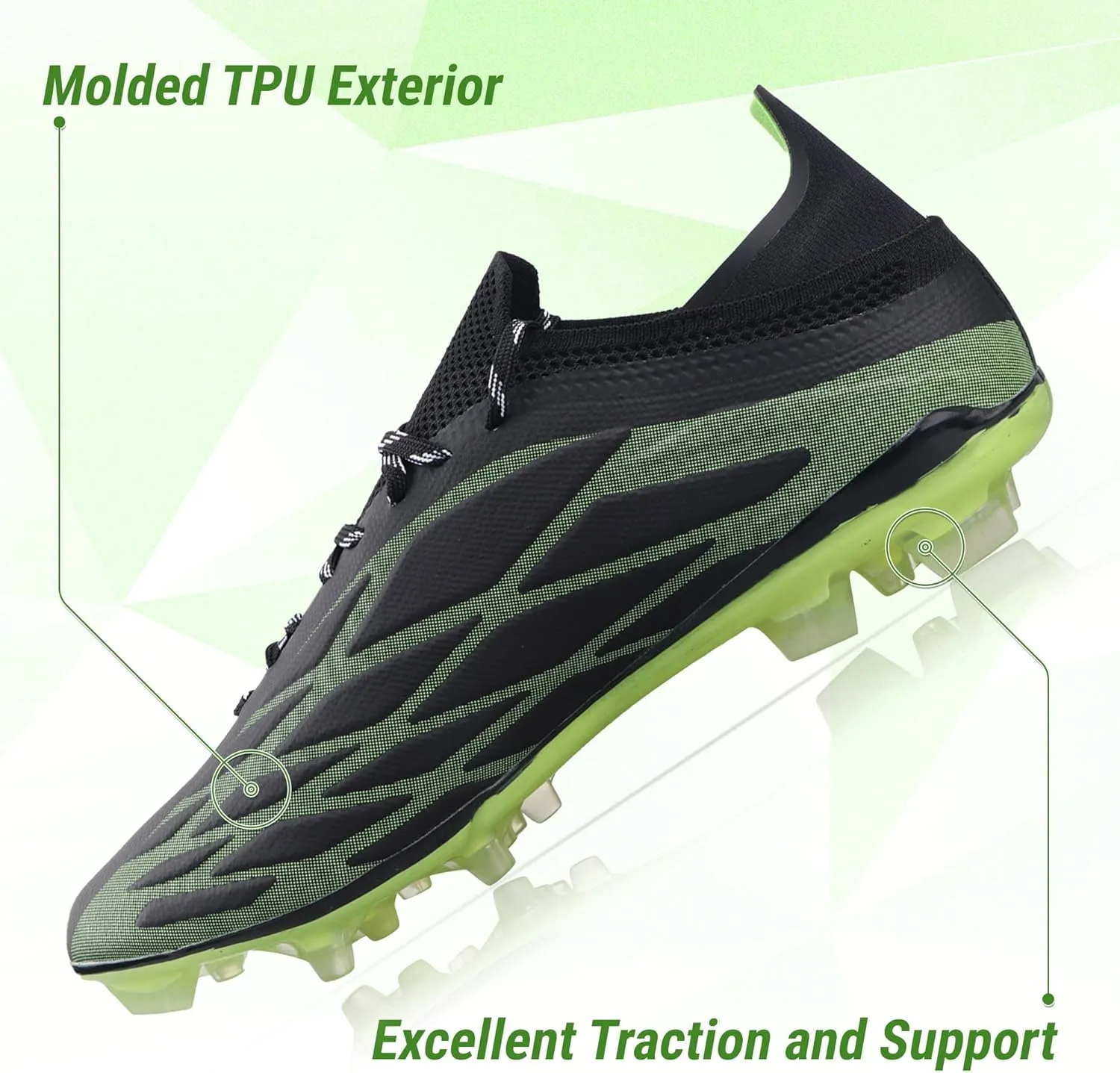 Vizari Provo FG Adult Soccer Cleats for Men & Women | Black/Lime Firm Ground Soccer Shoes | Wide Width Football Shoes for Outdoor Play | Transparent Studs Football Shoes for Better Traction