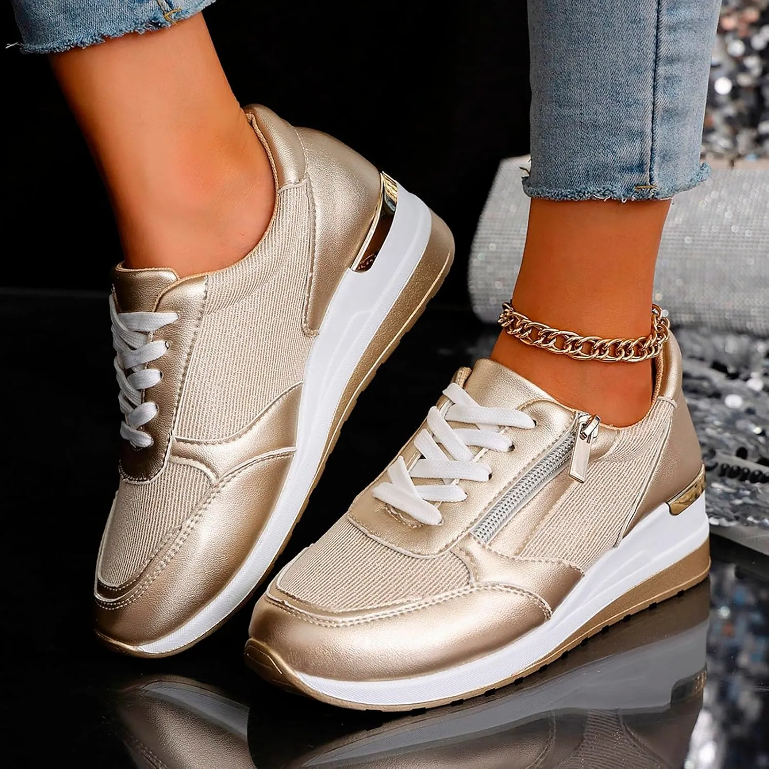 Walking Shoes for Women Low-Top Slip Ons Air Cushioned Lace Up Zipper Sparkly Fashion Casual Shoes Arch Support Jogging Tennis Sneaker Plantar Fasciitis Breathable Comfy Lightweight Shoe