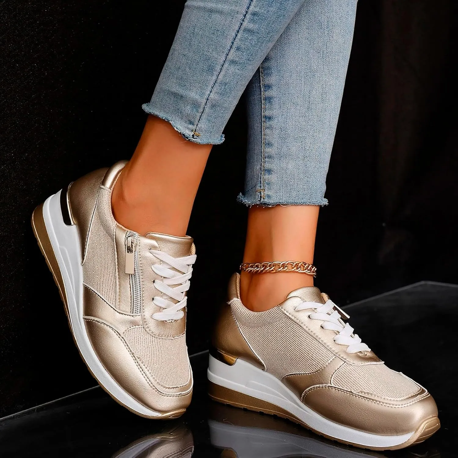 Walking Shoes for Women Low-Top Slip Ons Air Cushioned Lace Up Zipper Sparkly Fashion Casual Shoes Arch Support Jogging Tennis Sneaker Plantar Fasciitis Breathable Comfy Lightweight Shoe