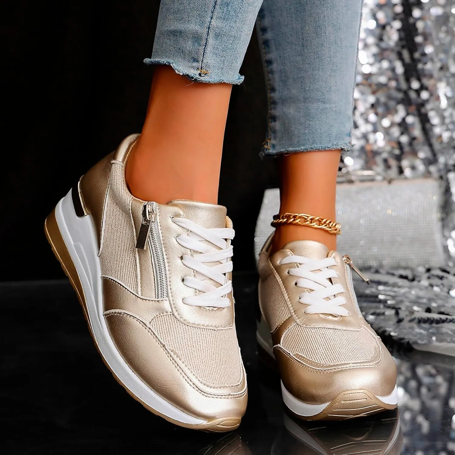 Walking Shoes for Women Low-Top Slip Ons Air Cushioned Lace Up Zipper Sparkly Fashion Casual Shoes Arch Support Jogging Tennis Sneaker Plantar Fasciitis Breathable Comfy Lightweight Shoe
