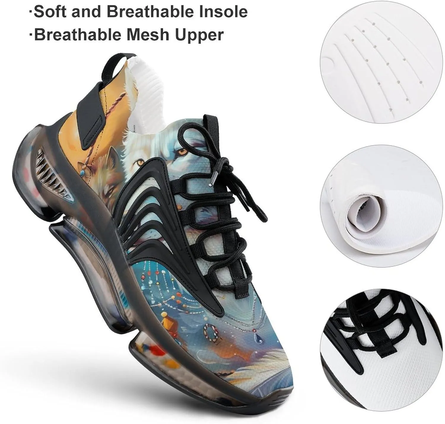 White Wolf with Dream-Catcher Men's Running Shoes Lightweight Walking Shoe Breathable Sneaker