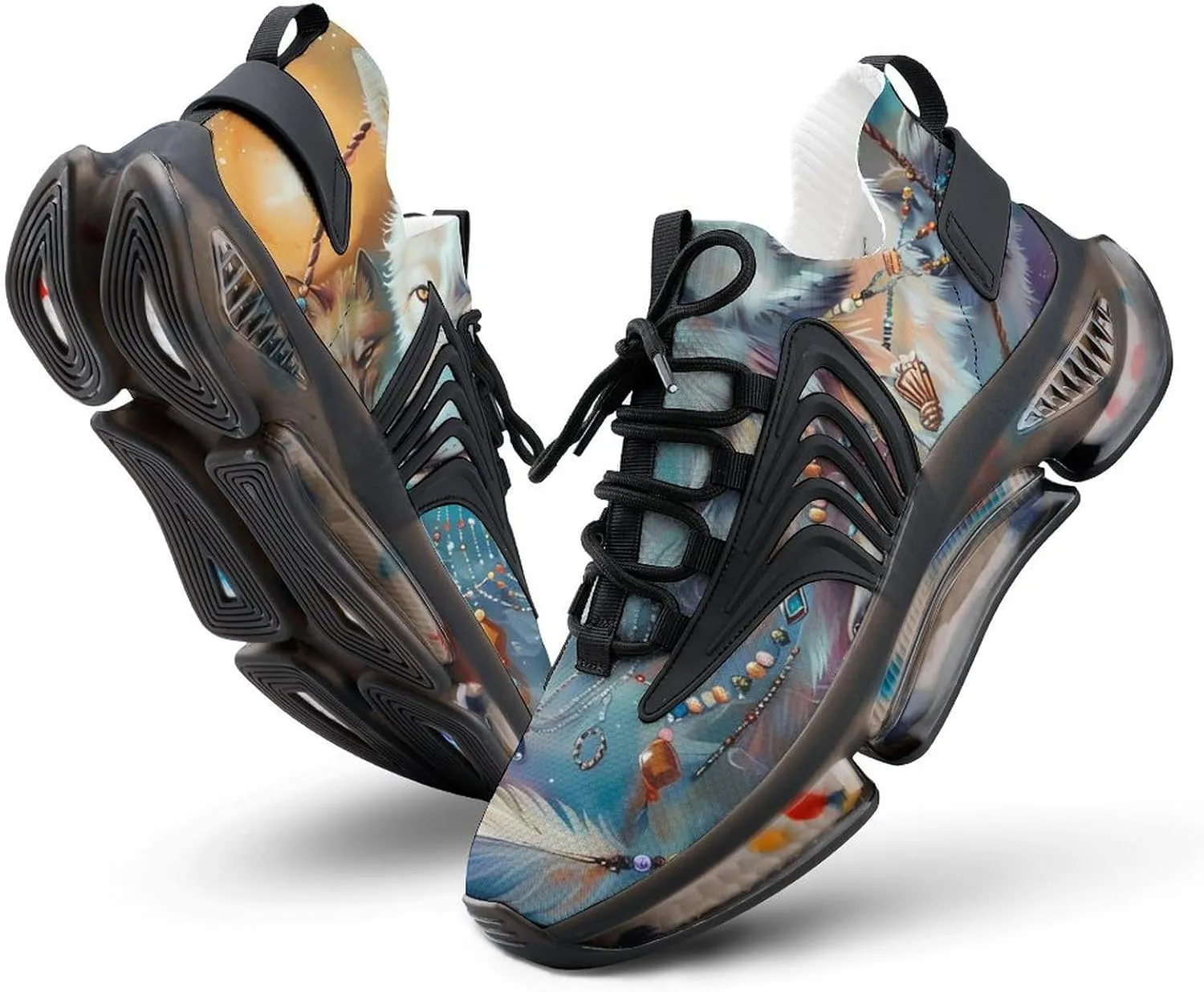 White Wolf with Dream-Catcher Men's Running Shoes Lightweight Walking Shoe Breathable Sneaker