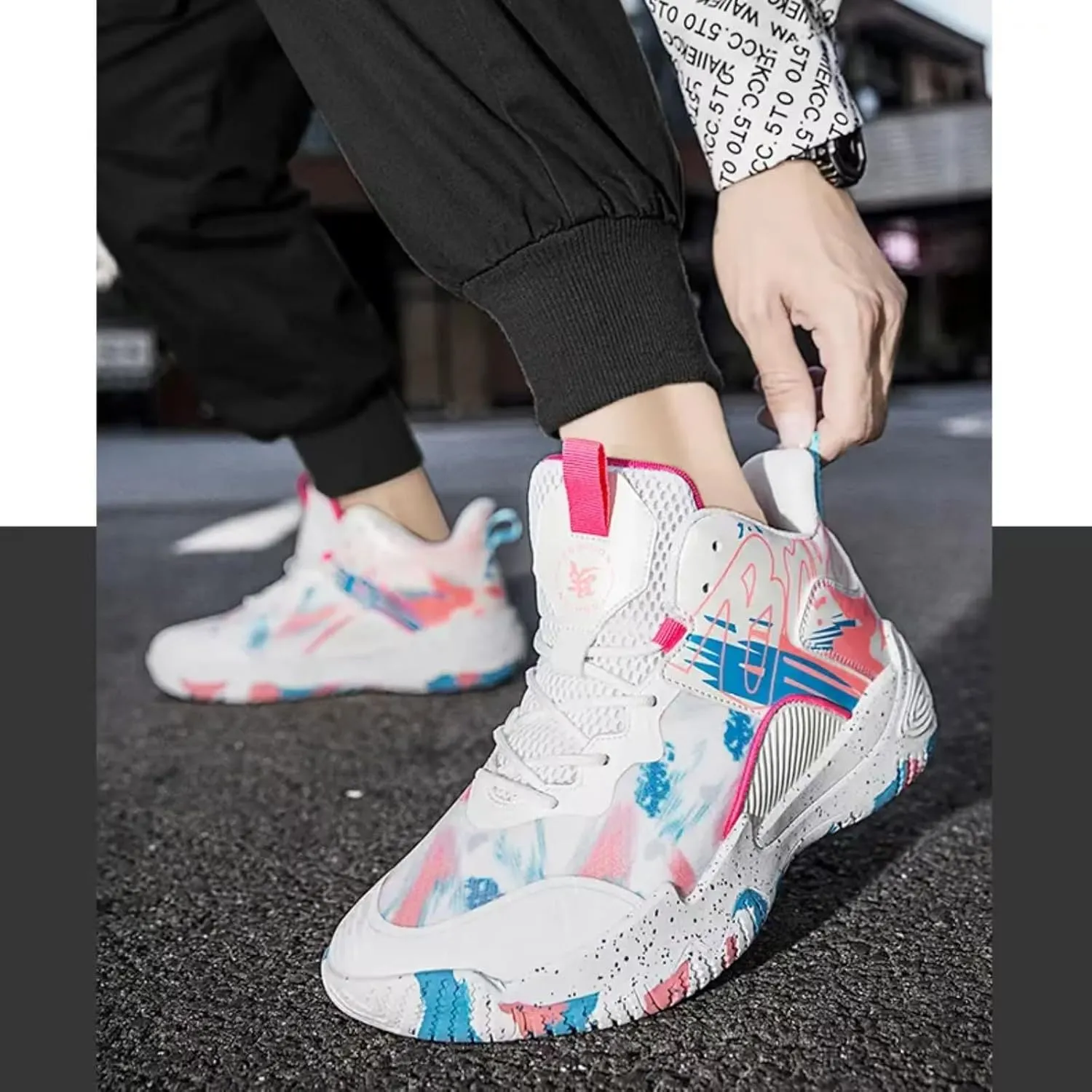 Womens Fashion Pattern Lace Up High Top Basketball Shoes Breathable Non Slip Outdoor Sneakers Cushioning Workout Shoes for Fitness Training Athletic