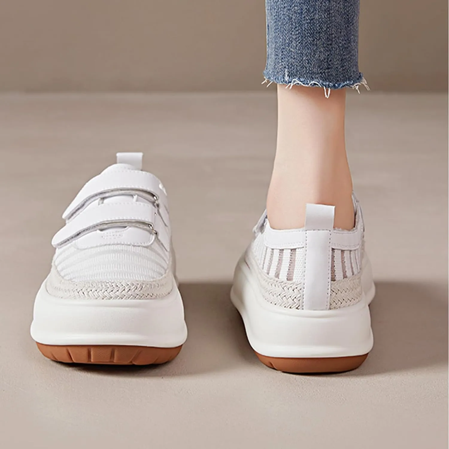 Women's Knitting Two Adjustable Hook Loop Thick-Soled Sports Casual Shoes Round Toe Non-Slip Shock Absorbing Heighten Running Sport Shoes Summer Fashion Breathable Walking Shoes