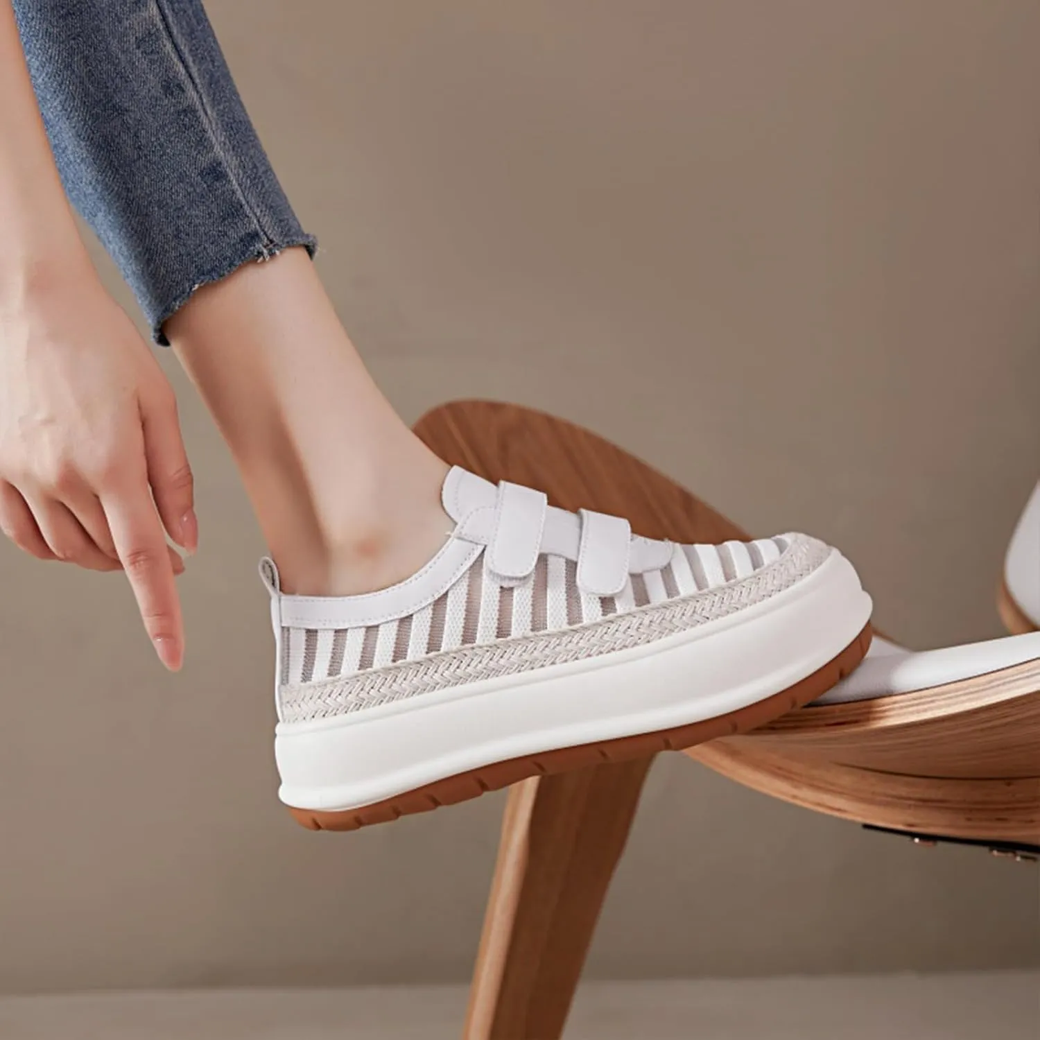 Women's Knitting Two Adjustable Hook Loop Thick-Soled Sports Casual Shoes Round Toe Non-Slip Shock Absorbing Heighten Running Sport Shoes Summer Fashion Breathable Walking Shoes