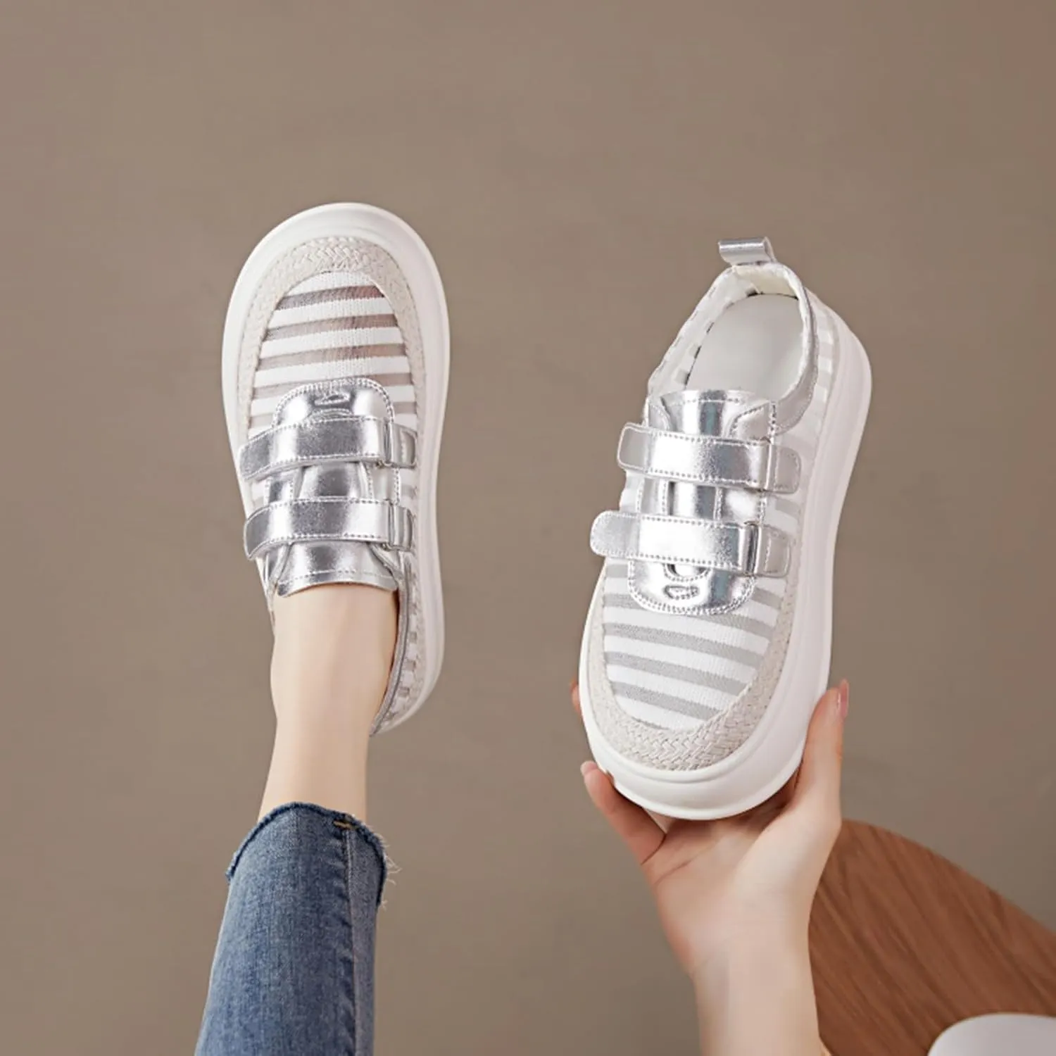 Women's Knitting Two Adjustable Hook Loop Thick-Soled Sports Casual Shoes Round Toe Non-Slip Shock Absorbing Heighten Running Sport Shoes Summer Fashion Breathable Walking Shoes