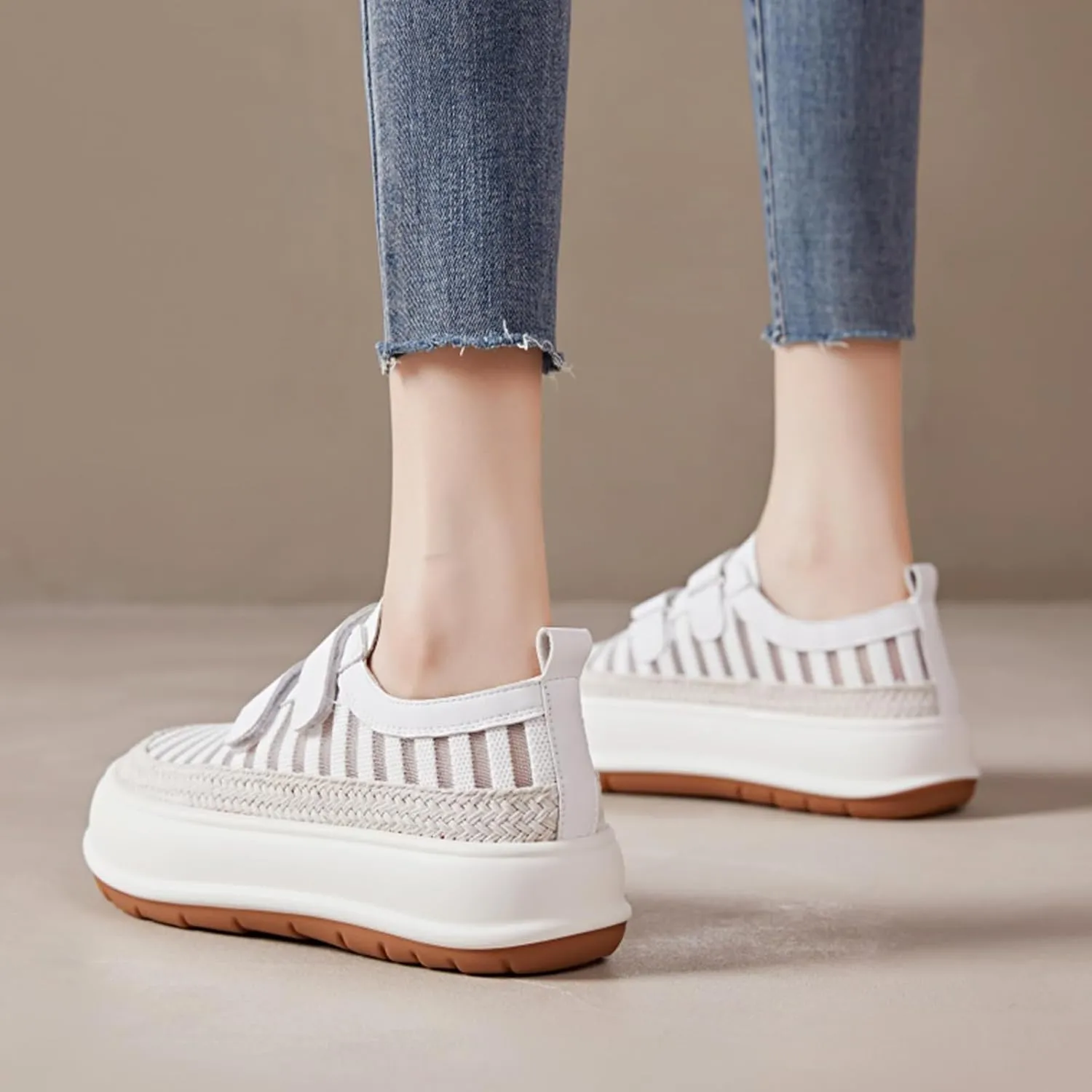 Women's Knitting Two Adjustable Hook Loop Thick-Soled Sports Casual Shoes Round Toe Non-Slip Shock Absorbing Heighten Running Sport Shoes Summer Fashion Breathable Walking Shoes