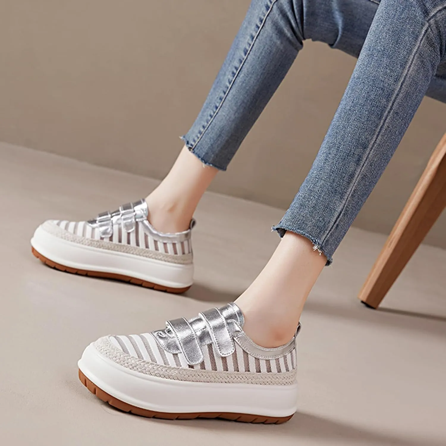 Women's Knitting Two Adjustable Hook Loop Thick-Soled Sports Casual Shoes Round Toe Non-Slip Shock Absorbing Heighten Running Sport Shoes Summer Fashion Breathable Walking Shoes
