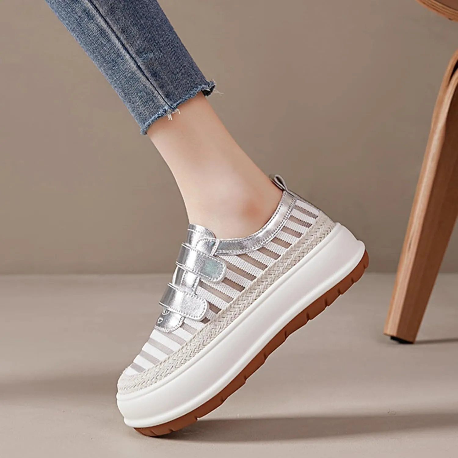 Women's Knitting Two Adjustable Hook Loop Thick-Soled Sports Casual Shoes Round Toe Non-Slip Shock Absorbing Heighten Running Sport Shoes Summer Fashion Breathable Walking Shoes