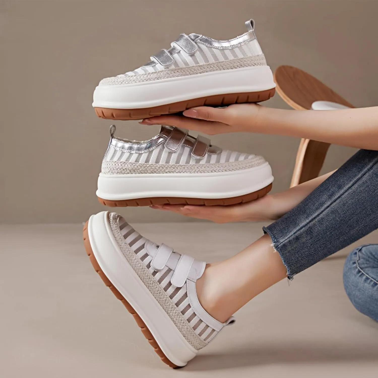 Women's Knitting Two Adjustable Hook Loop Thick-Soled Sports Casual Shoes Round Toe Non-Slip Shock Absorbing Heighten Running Sport Shoes Summer Fashion Breathable Walking Shoes