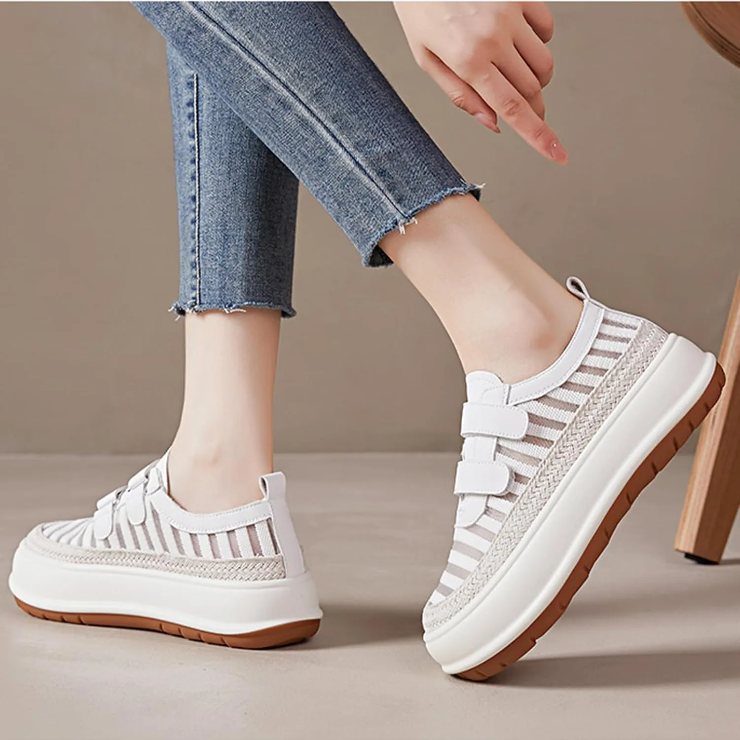 Women's Knitting Two Adjustable Hook Loop Thick-Soled Sports Casual Shoes Round Toe Non-Slip Shock Absorbing Heighten Running Sport Shoes Summer Fashion Breathable Walking Shoes