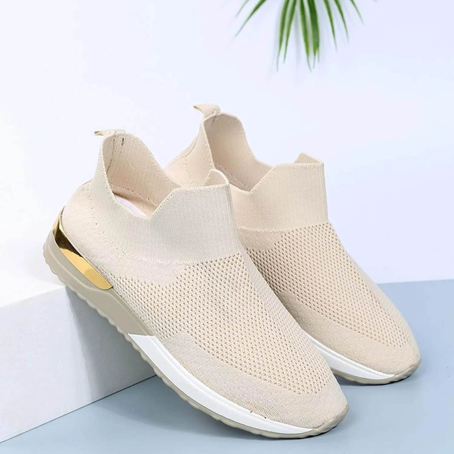 Women's Walking Shoes Ladies Fashion Solid Color Breathable Mesh Knitted Flat Casual Sports Shoes Sneakers Women