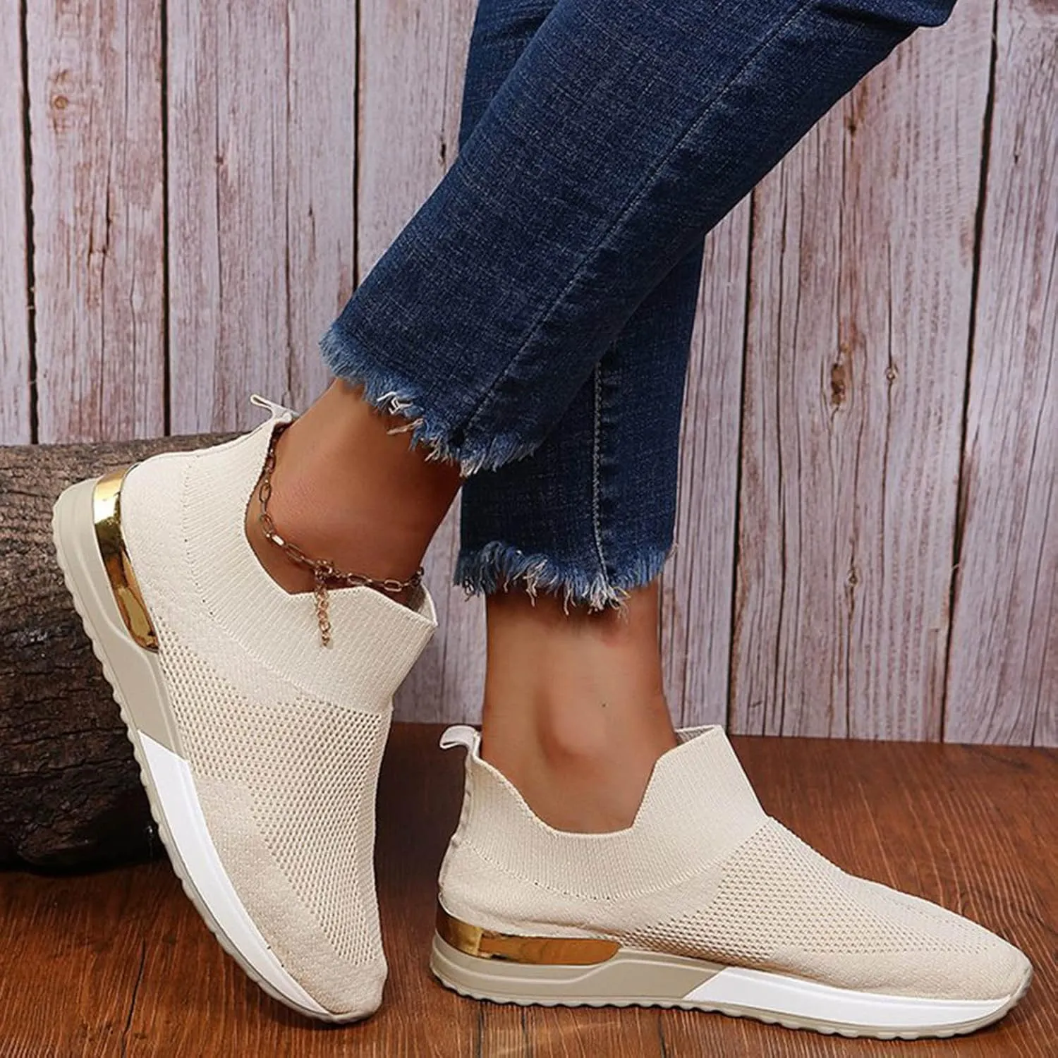 Women's Walking Shoes Ladies Fashion Solid Color Breathable Mesh Knitted Flat Casual Sports Shoes Sneakers Women