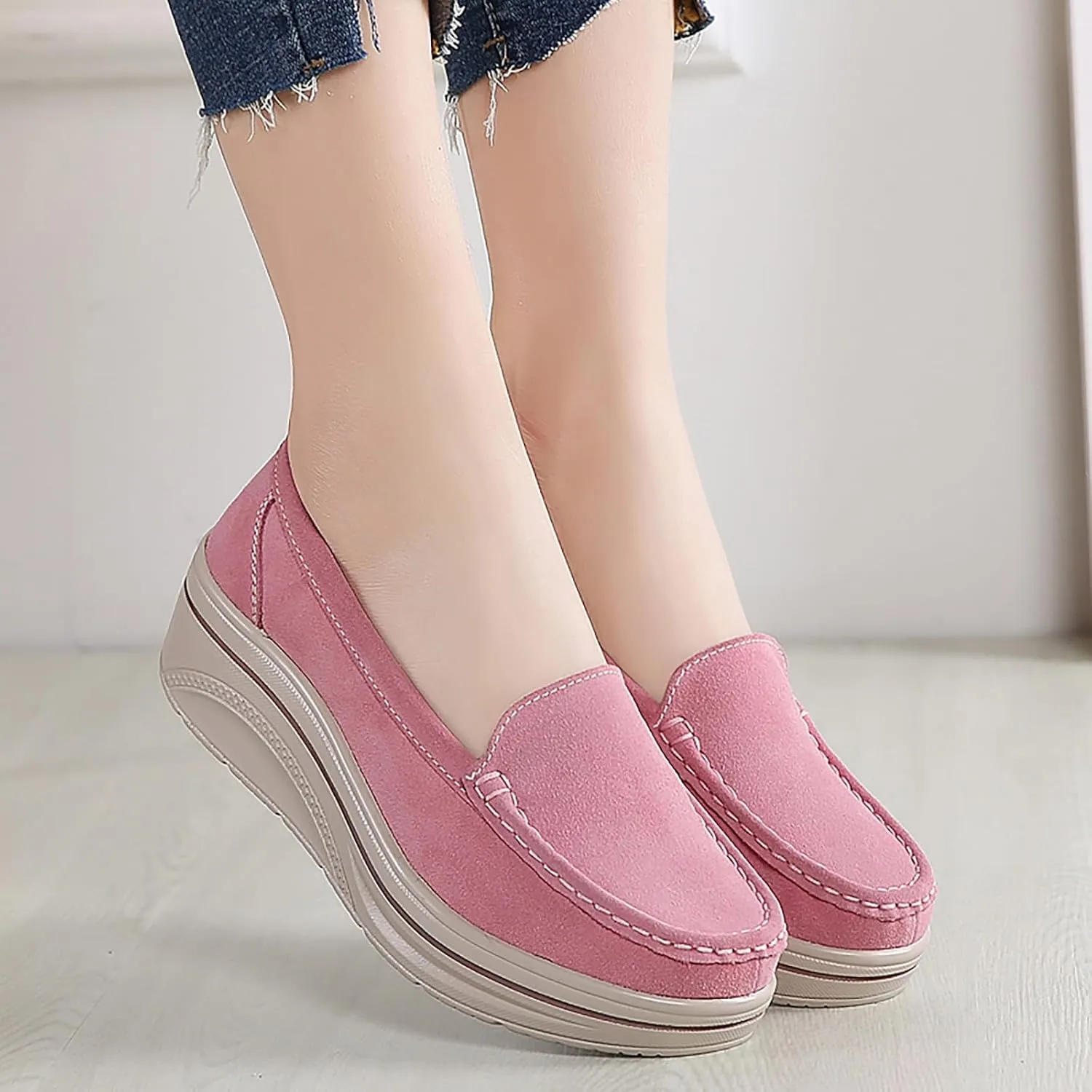 ZSpzx Comfy Platform Loafers for Women Slip On Round Toe Air Cushioned Jogging Shoes Arch Support Orthopedic Non Slip Walking Tennis Sneakers Wedge Boat Shoe Lightweight Footwear